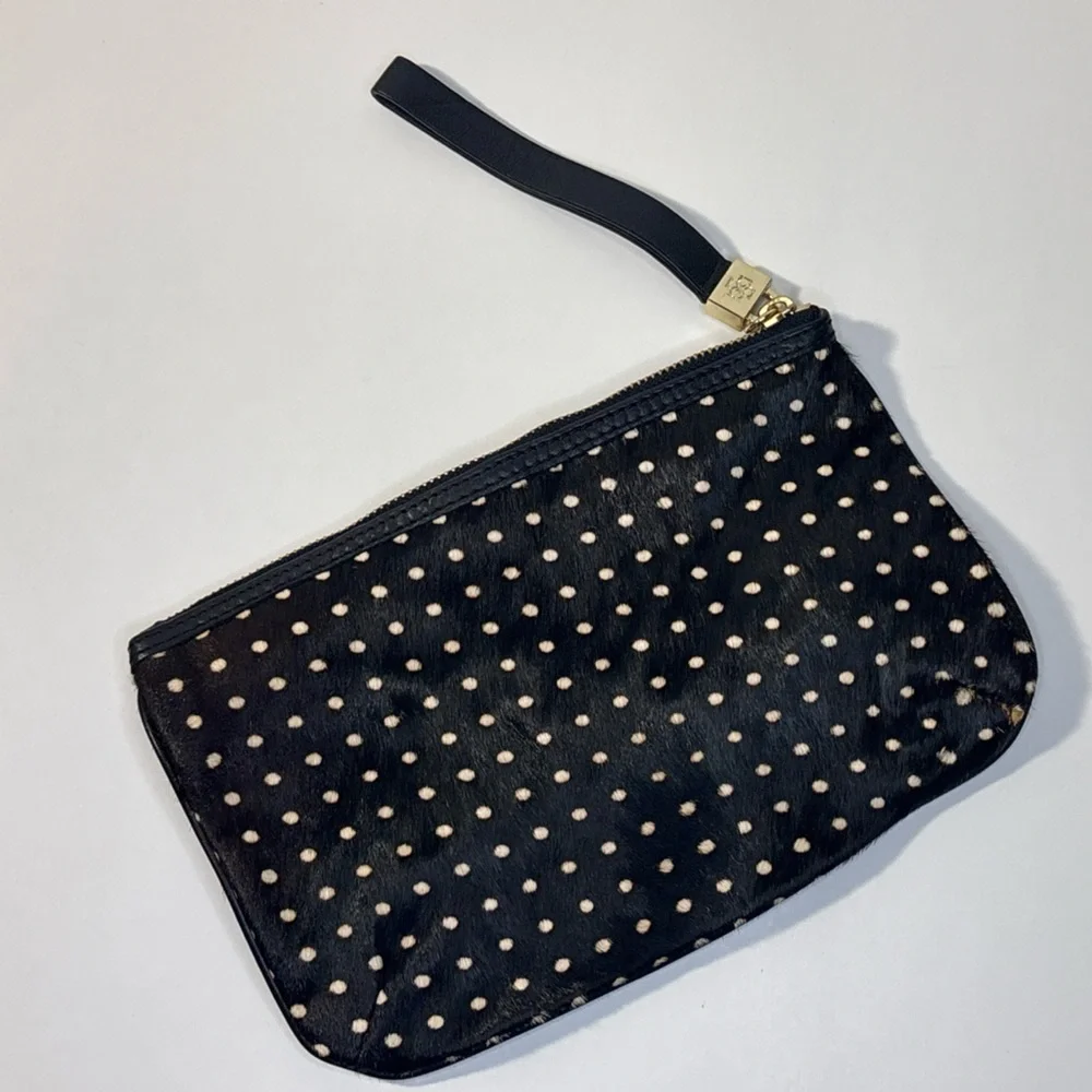 Anne Taylor Black & Cream Polka Dot Calf Hair Wristlet Pouch Gold Zip